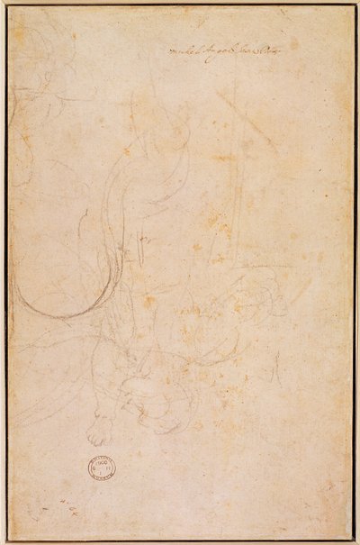 Skizze einer Figur mit Künstlersignatur (Kohle auf Papier) (verso) von Michelangelo Buonarroti